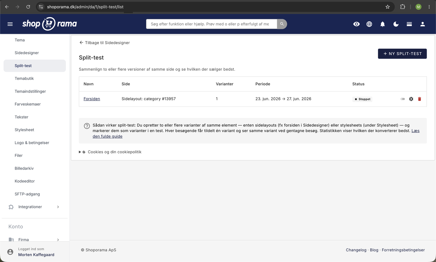 Split-test-oversigt i Shoporama admin med knappen Ny split-test og en tabel med navn, side, varianter, periode, og status.