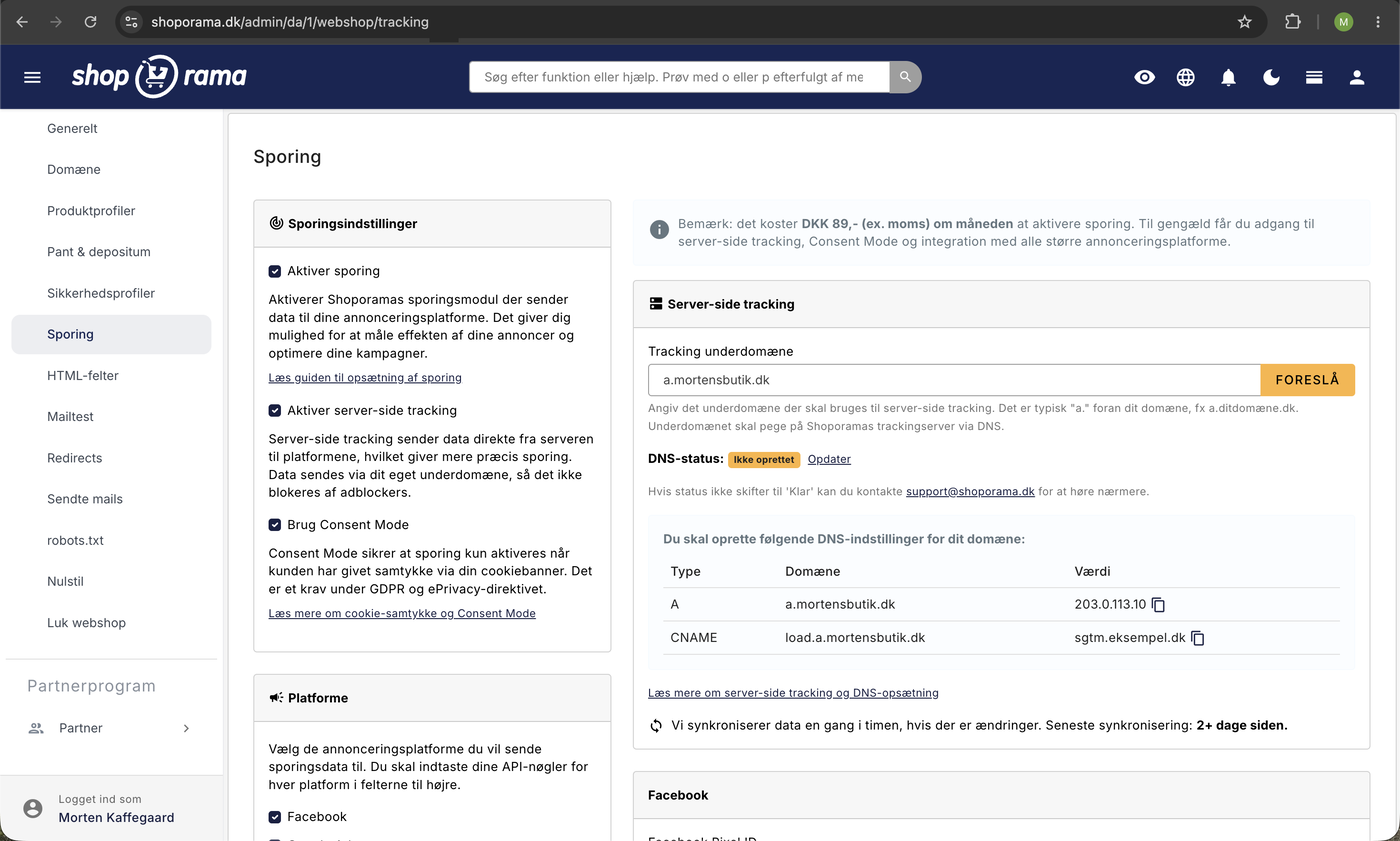 Sporingssiden i Shoporama admin med aktivering af server-side tracking, tracking-underdomæne, DNS-status, og de A- og CNAME-records der skal oprettes