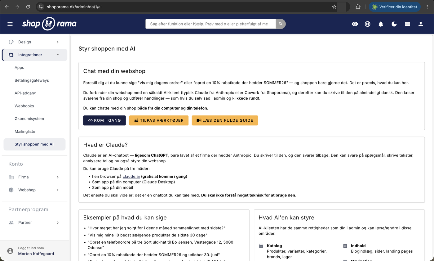 Siden Styr shoppen med AI i Shoporama med knapperne Kom i gang, Tilpas værktøjer, og Læs den fulde guide, plus afsnittene om hvad AI-klienten kan og eksempler på hvad du kan skrive