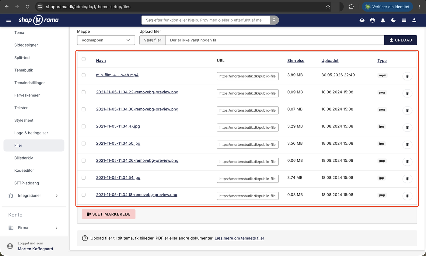 Filer-siden under Design i Shoporama med tabellen over uploadede filer markeret, der viser navn, den færdige URL, filstørrelse, uploadtidspunkt, og filtype