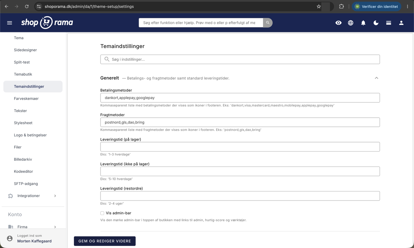 Siden Temaindstillinger i Shoporama med søgefelt og gruppen Generelt foldet ud, der viser felter til betalingsmetoder, fragtmetoder, leveringstider, og admin-bar
