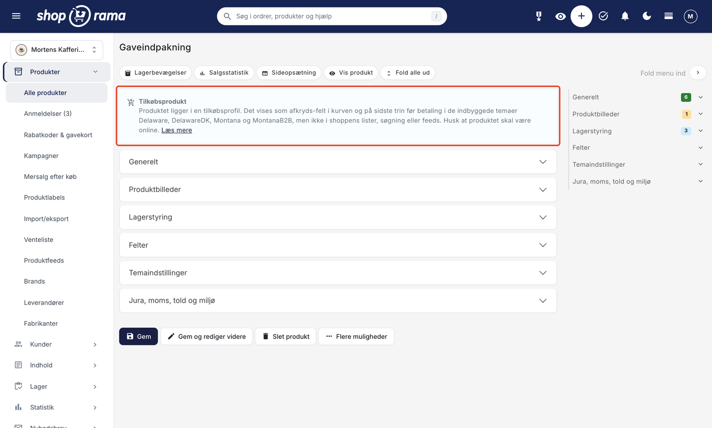 Produktsiden i Shoporama-admin for tilkøbet Gaveindpakning, hvor infoboksen Tilkøbsprodukt øverst er markeret. Boksen forklarer at produktet vises som afkryds-felt i kurven og på sidste trin før betaling i de indbyggede temaer, og at produktet skal være online