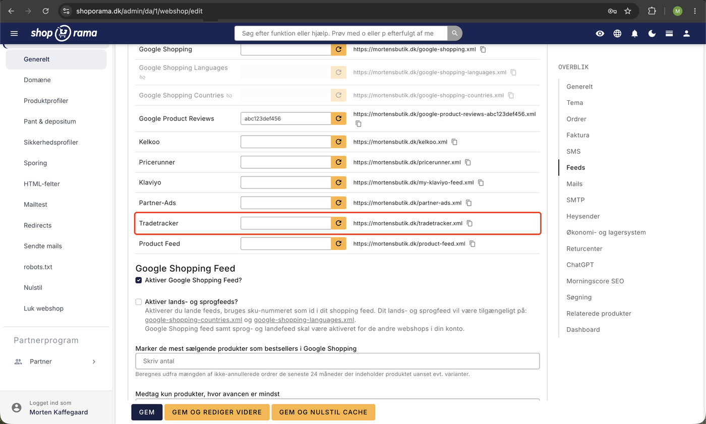 Feeds-fanen under Indstillinger, Webshop i Shoporama med Tradetracker-rækken markeret og feed-adressen mortensbutik.dk/tradetracker.xml