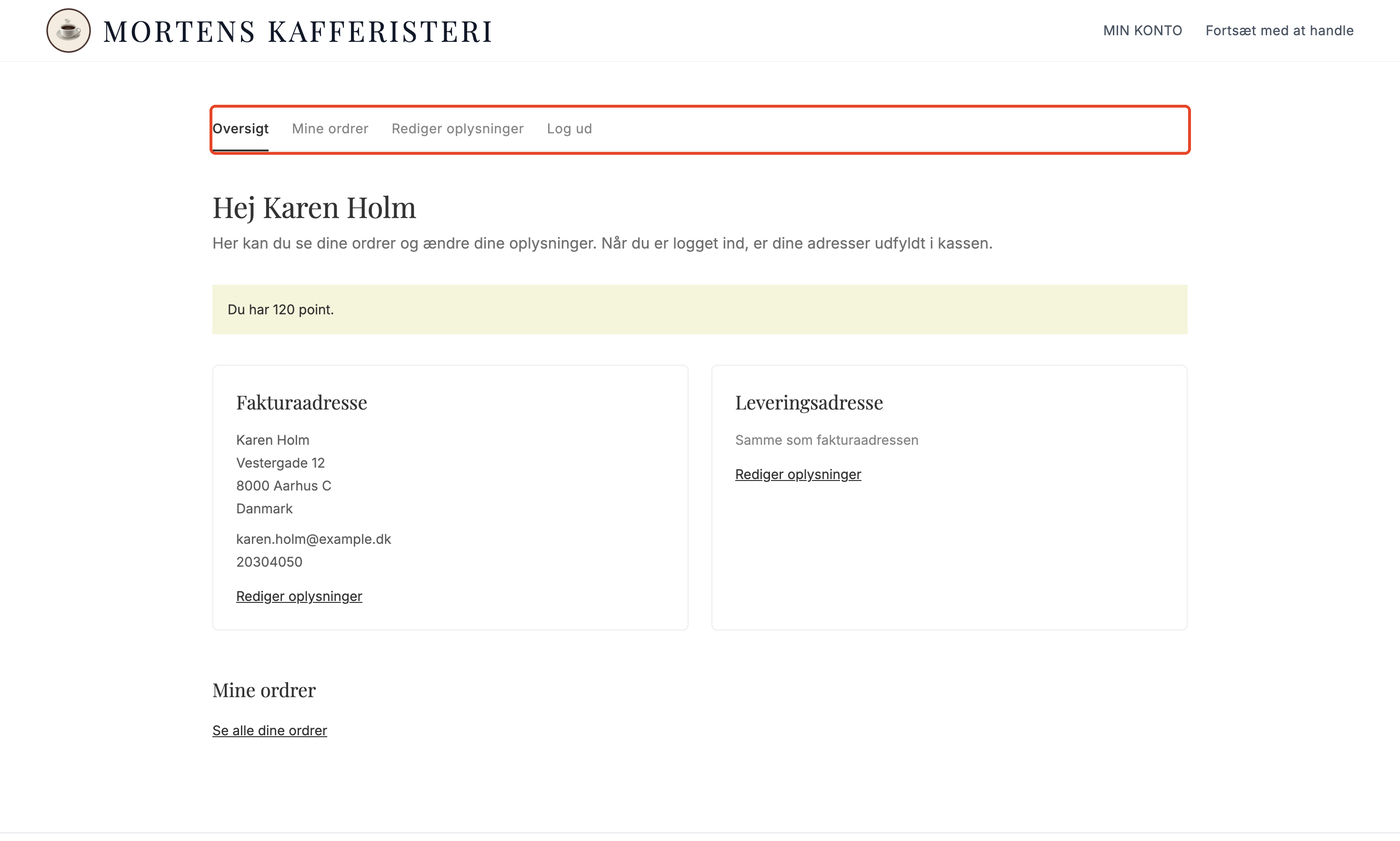 Kundens side Min konto i Washington med fanerne Oversigt, Mine ordrer, Rediger oplysninger, og Log ud markeret, samt kundens point, fakturaadresse, og leveringsadresse.