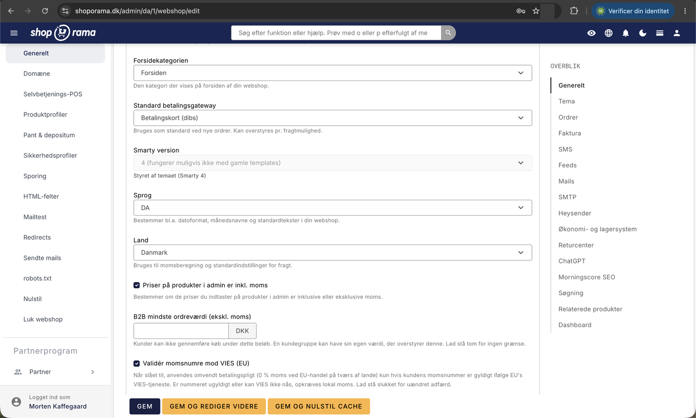 Siden Generelt under Webshop i Shoporama med felterne forsidekategori, standard betalingsgateway, Smarty-version, sprog og land, samt indstillingerne for moms, B2B mindste ordreværdi, og validering af momsnumre mod VIES