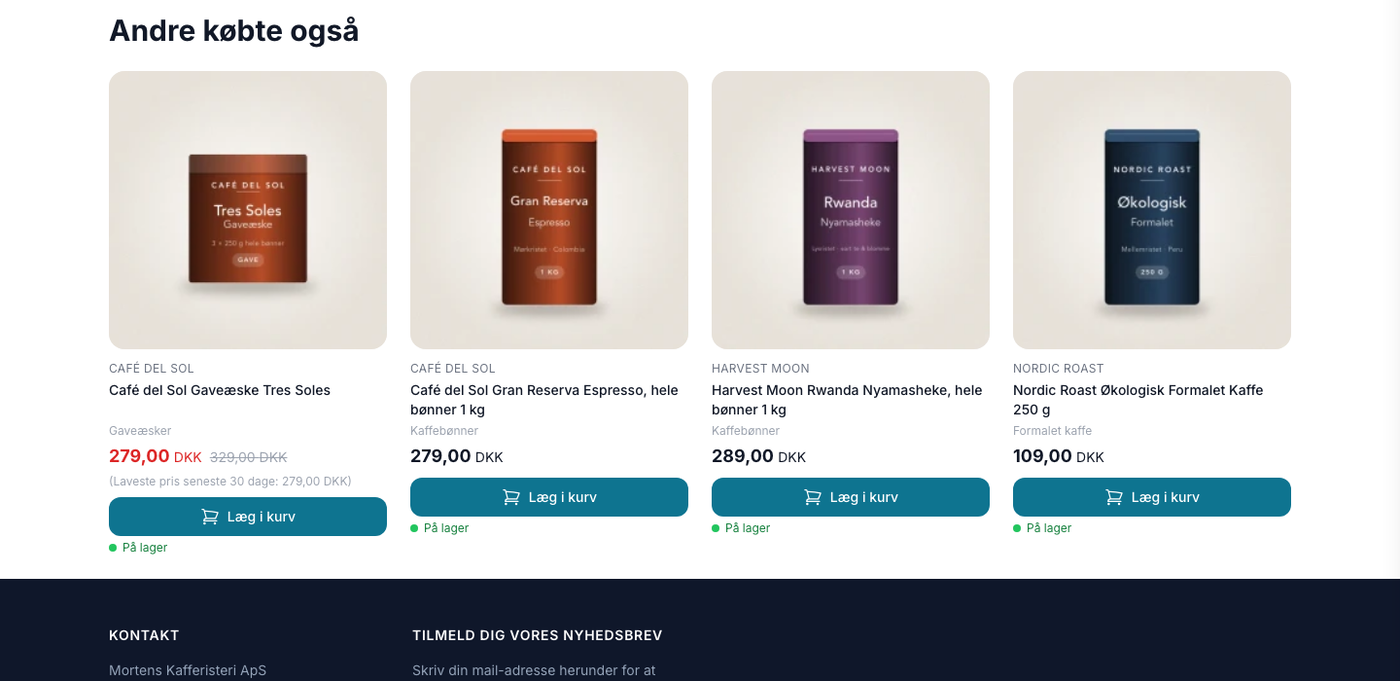 Anbefalingsboksen "Andre købte også" i en webshop-kurv med fire kaffeprodukter