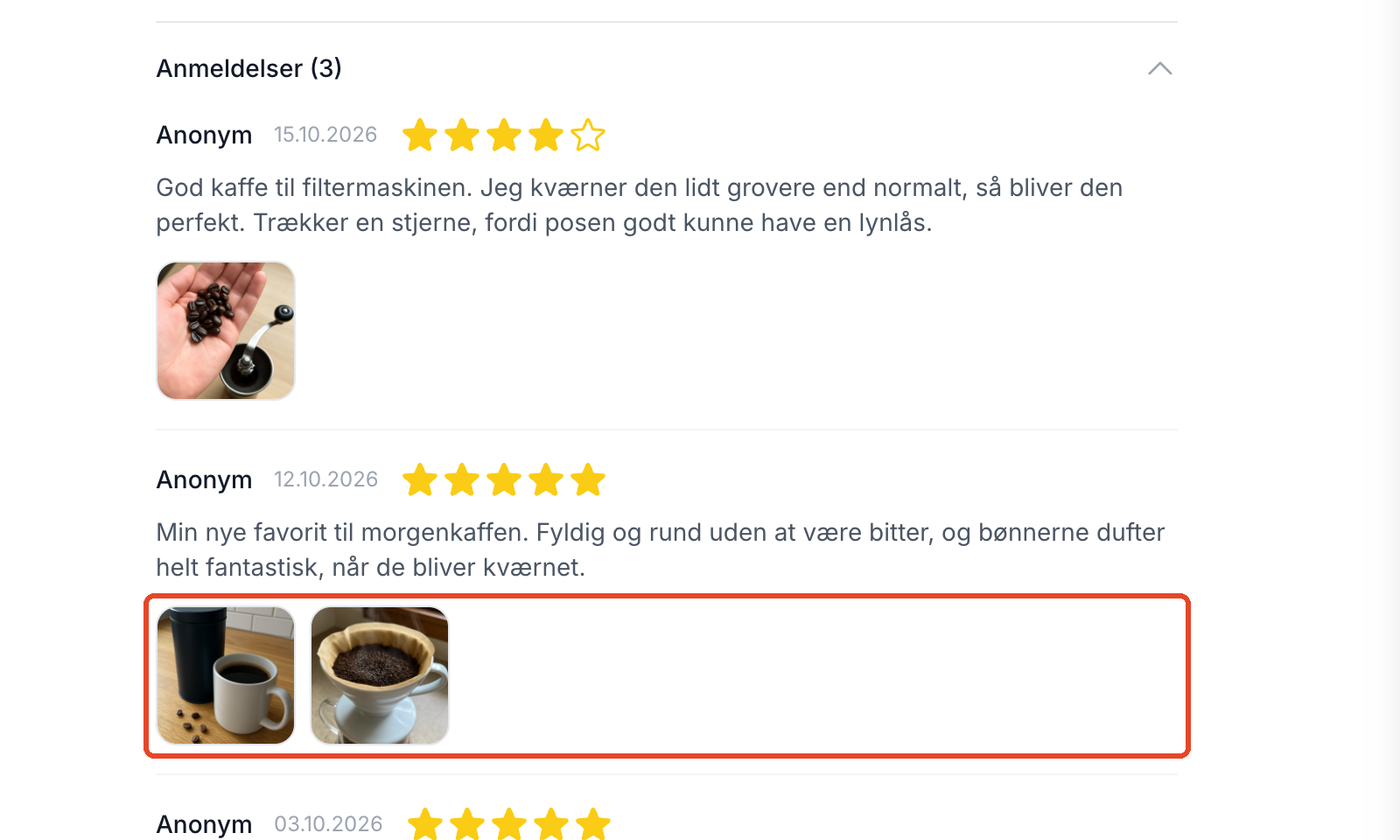 Produktsiden for Nordic Roast Filterkaffe i temaet Montana med afsnittet Anmeldelser foldet ud. Den markerede anmeldelse har to billeder af en kaffedåse med en kop og et kaffefilter under teksten.