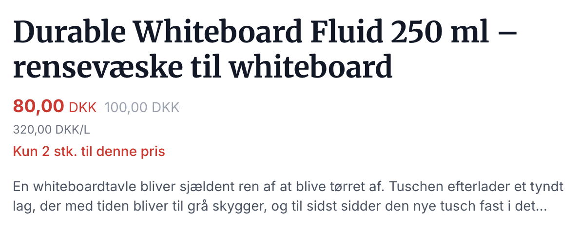 Produktside i webshoppen med tilbudsprisen 80 kroner, den overstregede normalpris 100 kroner, og teksten Kun 2 stk. til denne pris