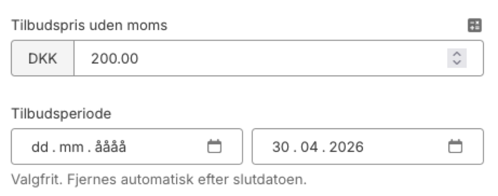 Tilbudspris og Tilbudsperiode i Shoporama produktredigering