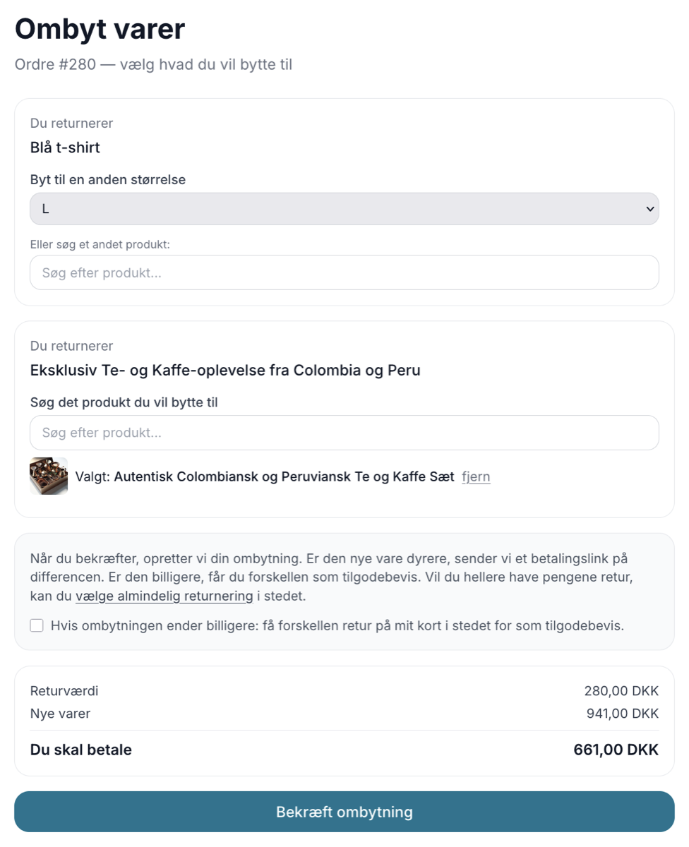 Ombytnings-wizarden med live-beregning der viser returværdi, nye varer og at kunden skal betale en difference, samt knappen Bekræft ombytning