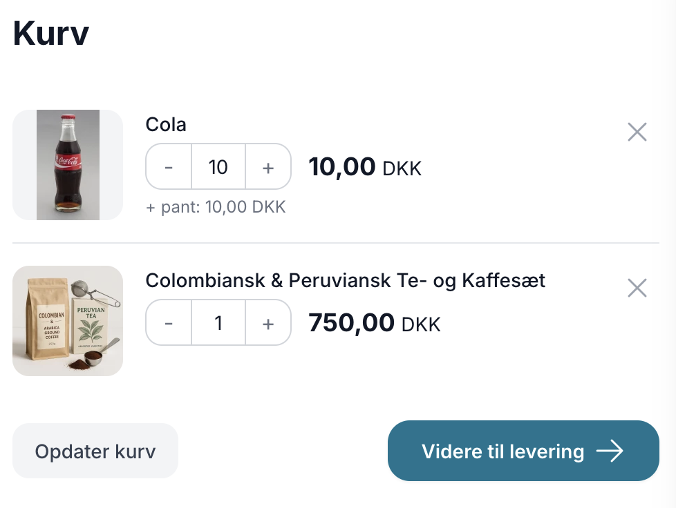 Kurven med 10 colaer, hvor panten på 10,00 DKK vises som en note under varelinjen, samt et andet produkt uden pant