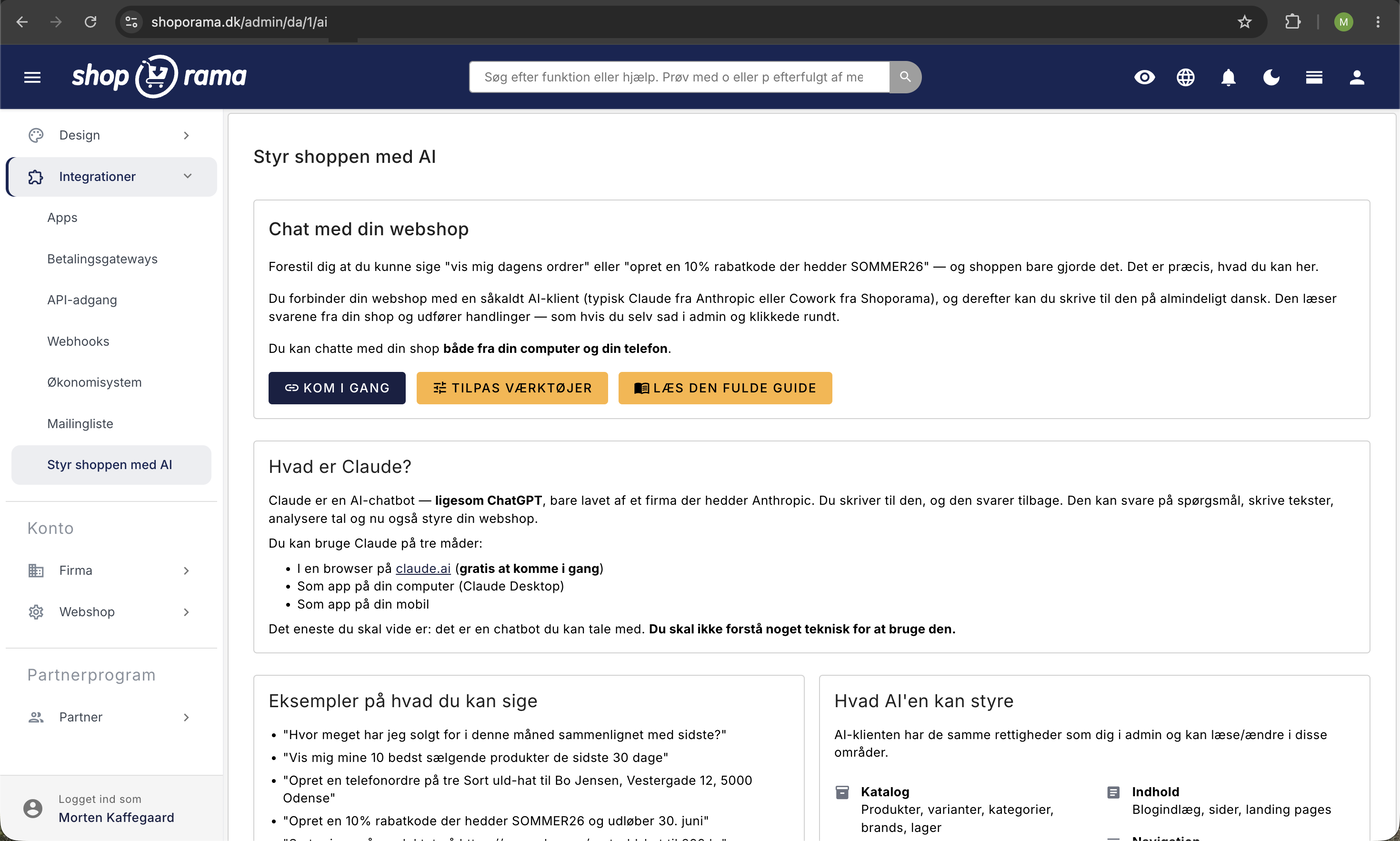 Opsætningssiden Styr shoppen med AI i Shoporama-admin med Kom i gang-knappen der forbinder webshoppen med AI-klienten Claude
