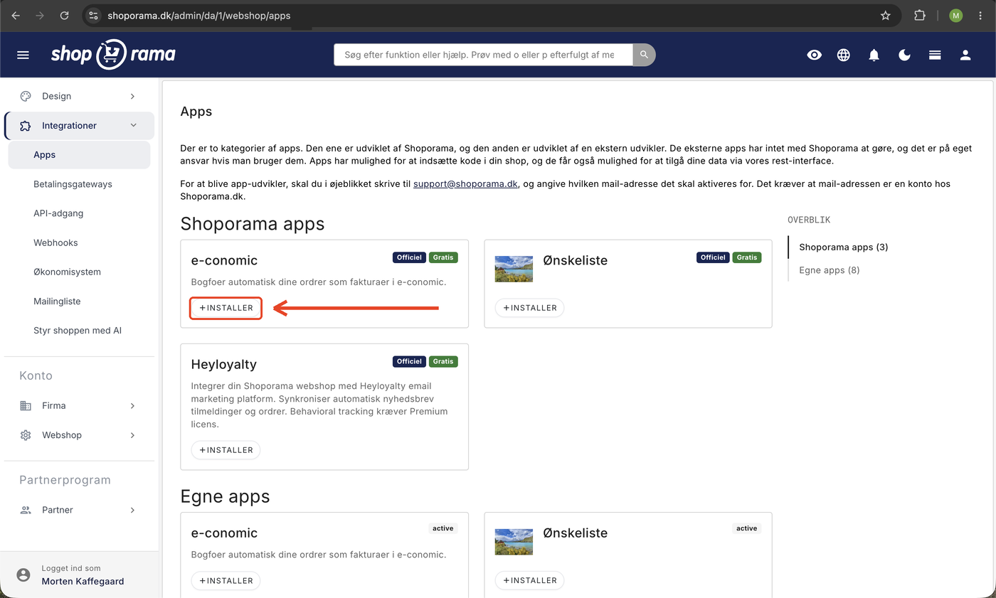App-oversigten i Shoporama-administrationen med e-conomic-appen under Shoporama apps og Installer-knappen fremhævet med rød ramme og pil