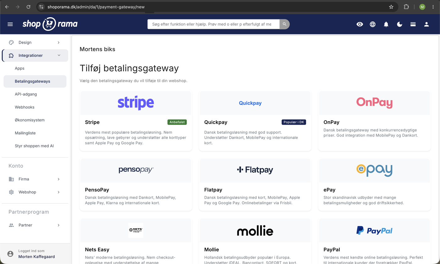 Gitter af betalingsgateways i Shoporama admin med Stripe, Quickpay, OnPay, PensoPay, Flatpay, ePay, Nets Easy, Mollie, og PayPal klar til opsætning