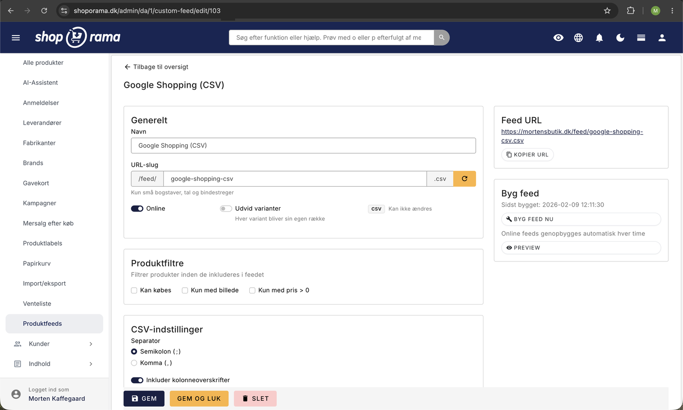 Opsætning af produktfeed i Shoporama med navn, URL-slug, feed-URL, produktfiltre, og CSV-indstillinger for separator og kolonneoverskrifter