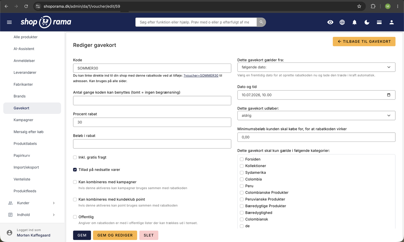 Rabatkode-editoren i Shoporama med kode SOMMER30, 30% procentrabat, gyldighedsperiode, kombinationsregler, og direkte link med ?voucher=