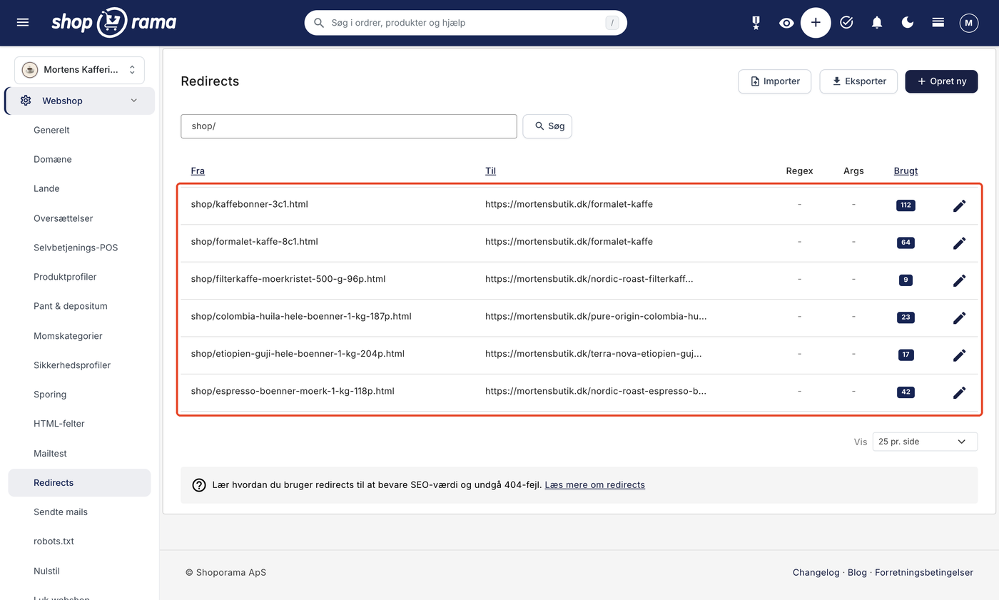 Redirect-listen i Shoporama med gamle DanDomain-adresser, der peger på de nye produkt- og kategorisider