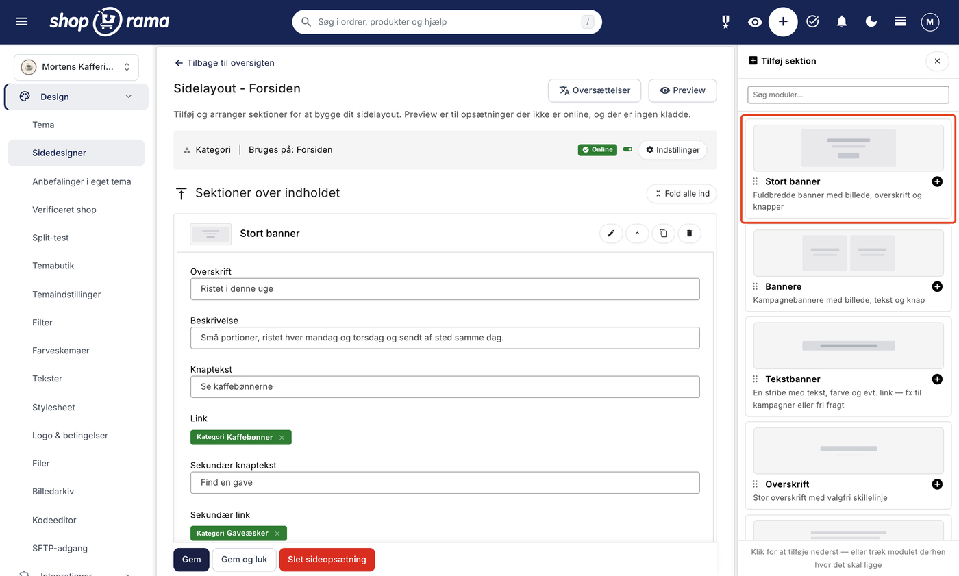 Shoporamas sidedesigner med forsidens layout til venstre og panelet Tilføj sektion til højre, hvor modulet Stort banner er markeret