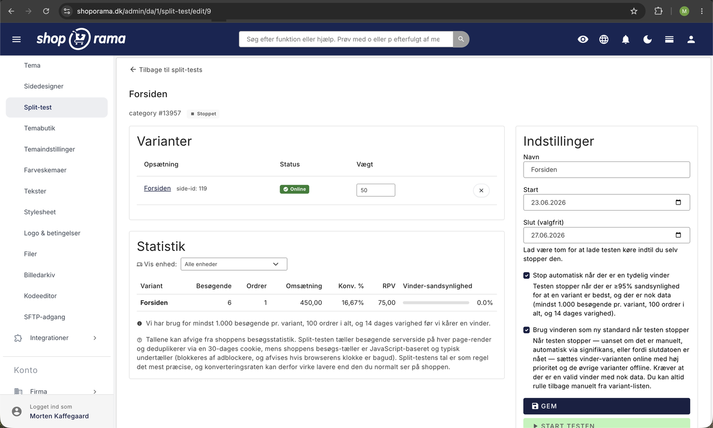Split-test-redigering i Shoporama med variant-liste og statistiktabel over besøgende, ordrer, omsætning, konvertering, RPV, og vinder-sandsynlighed