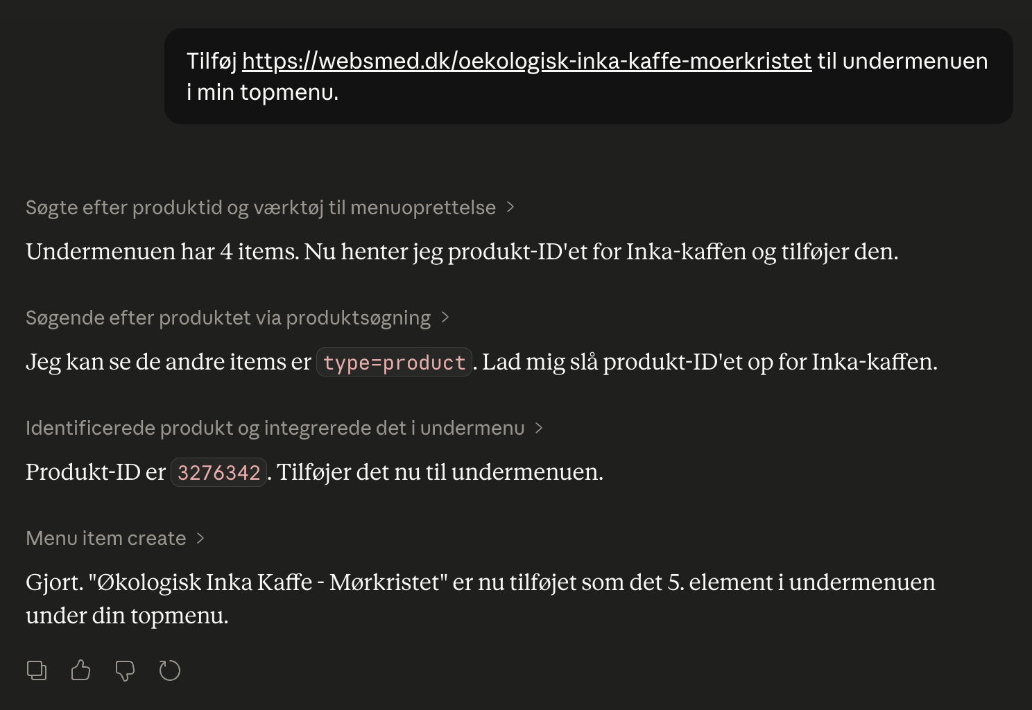 Claude tilføjer et produkt til en undermenu trin for trin