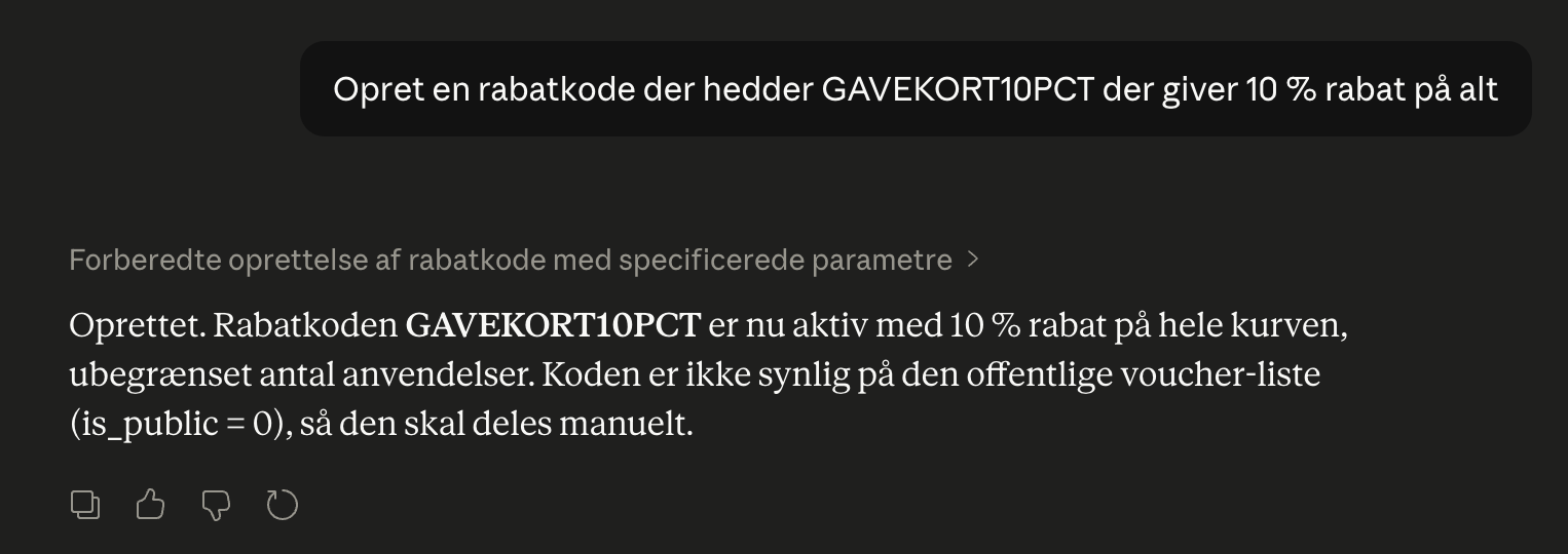 Claude bekræfter at rabatkoden GAVEKORT10PCT er oprettet i Shoporama