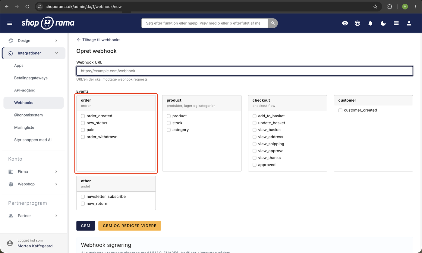 Opret webhook-siden i Shoporama-admin med felt til modtager-URL og hændelser opdelt i grupperne order, product, checkout, customer, og other