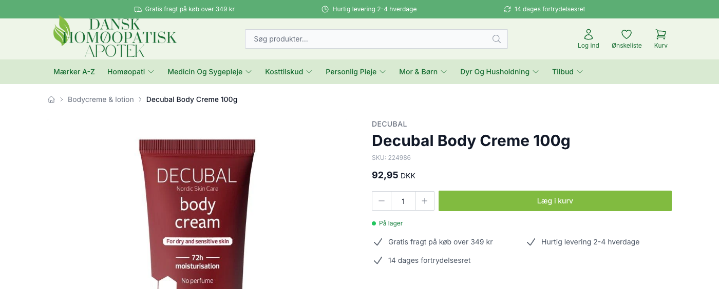 Produktsiden for Decubal Body Creme 100g på dhapotek.dk i grønt design med samme varenummer, 224986, og samme pris, 92,95 kr.