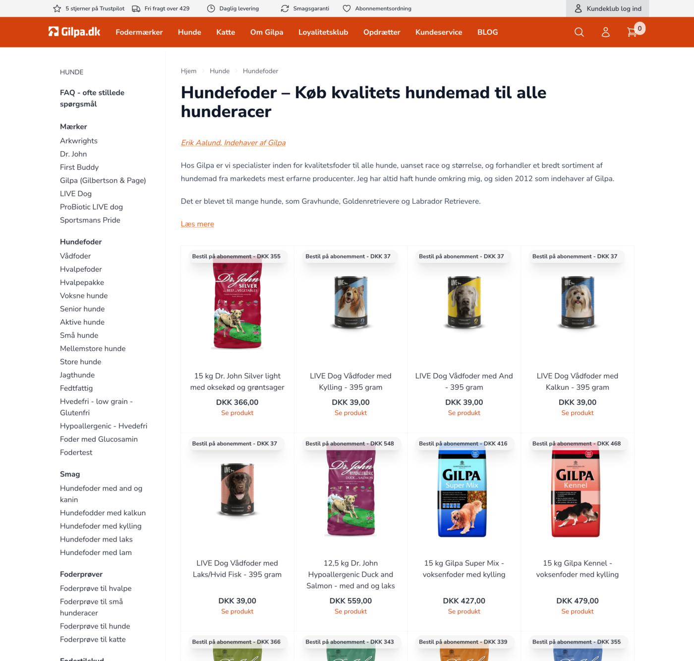 Gilpa kategoriside for hundefoder med 'Bestil på abonnement'-badge på hvert produkt