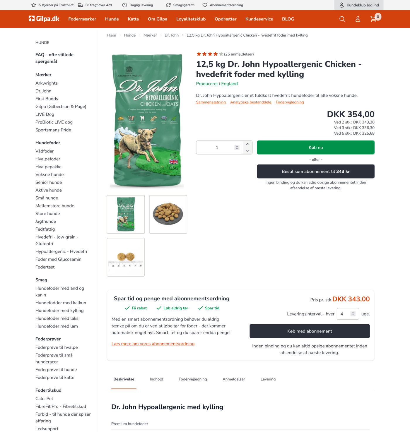 Produktside på Gilpa.dk med 'Bestil på abonnement'-knap og abonnementspris