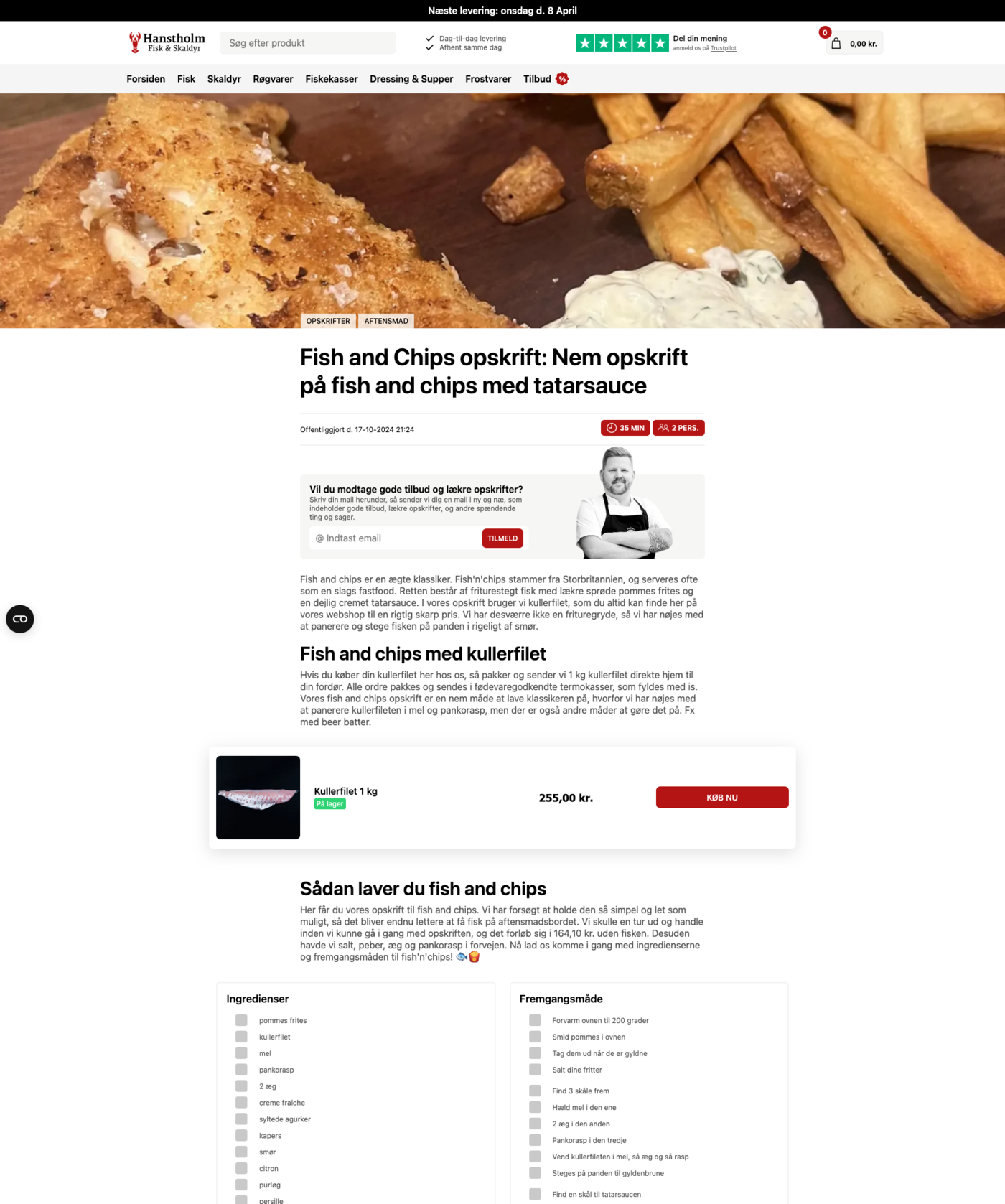 Hafiska opskrift på fish and chips med ingrediensliste, fremgangsmåde og direkte link til produkterne