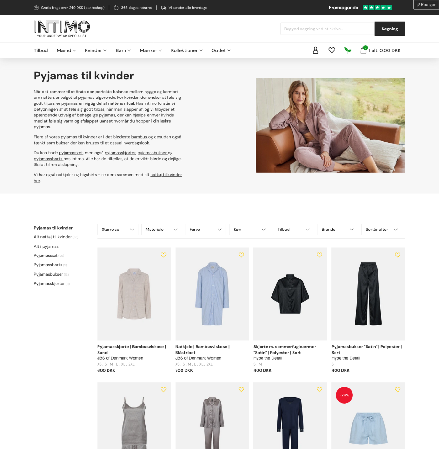 Intimo Pyjamas til kvinder kategoriside med beskrivelse, sortering og produktoversigt