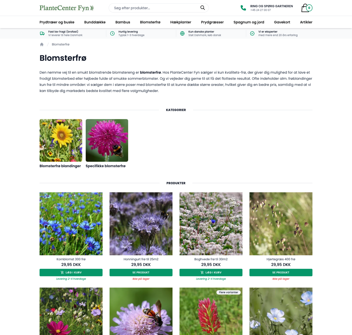 Kategoriside for blomsterfrø hos PlanteCenter Fyn, med produkter fra flere danske producenter
