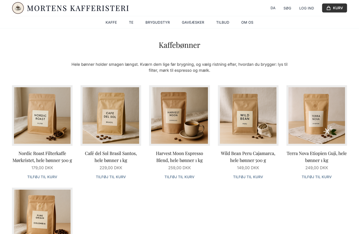 Washington: kategorisiden Kaffebønner med beskrivelse og seks kaffer