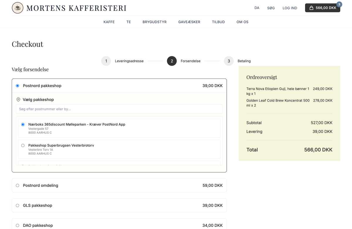 Washington: checkout, trin 2 med valg af pakkeshop og ordreoversigt